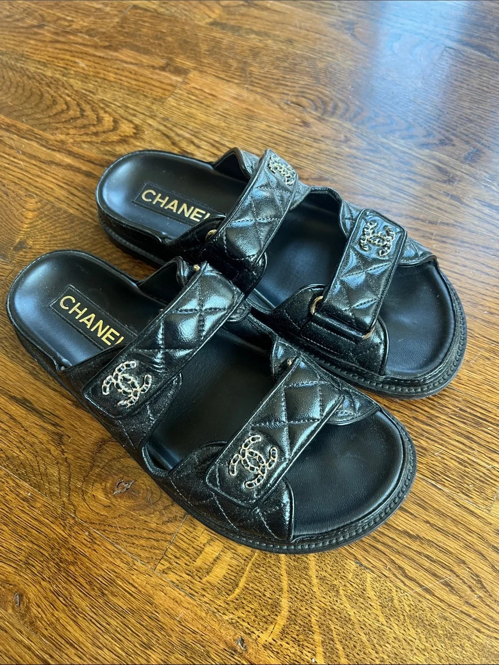 CHANEL Black Quilted Double-Strap Slide Sandals with CC Hardware Dad Sandals